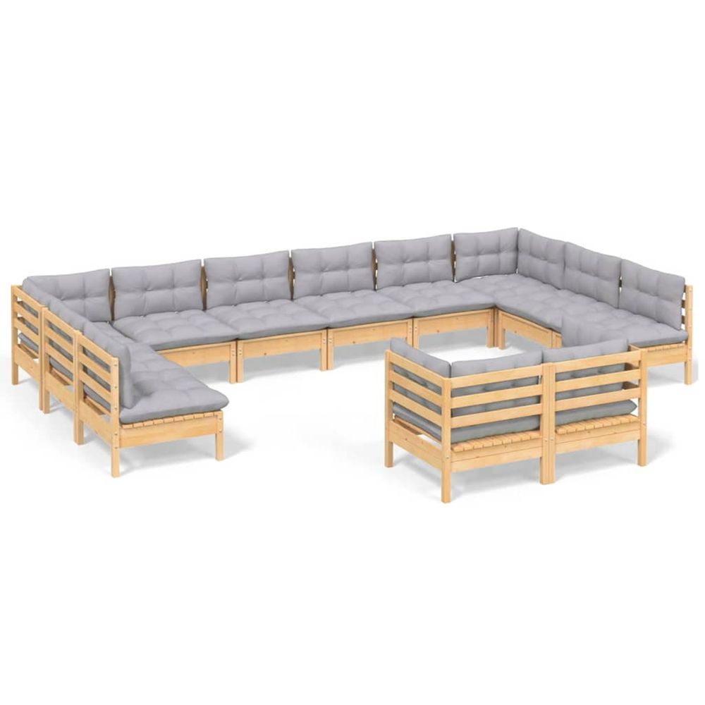 Salon de jardin 12 pcs avec coussins gris bois de pin massif