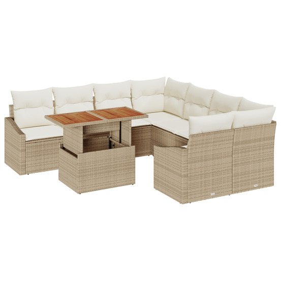 Ensemble de salle à manger de jardin de 9 pièces avec coussins beige rattan acacia