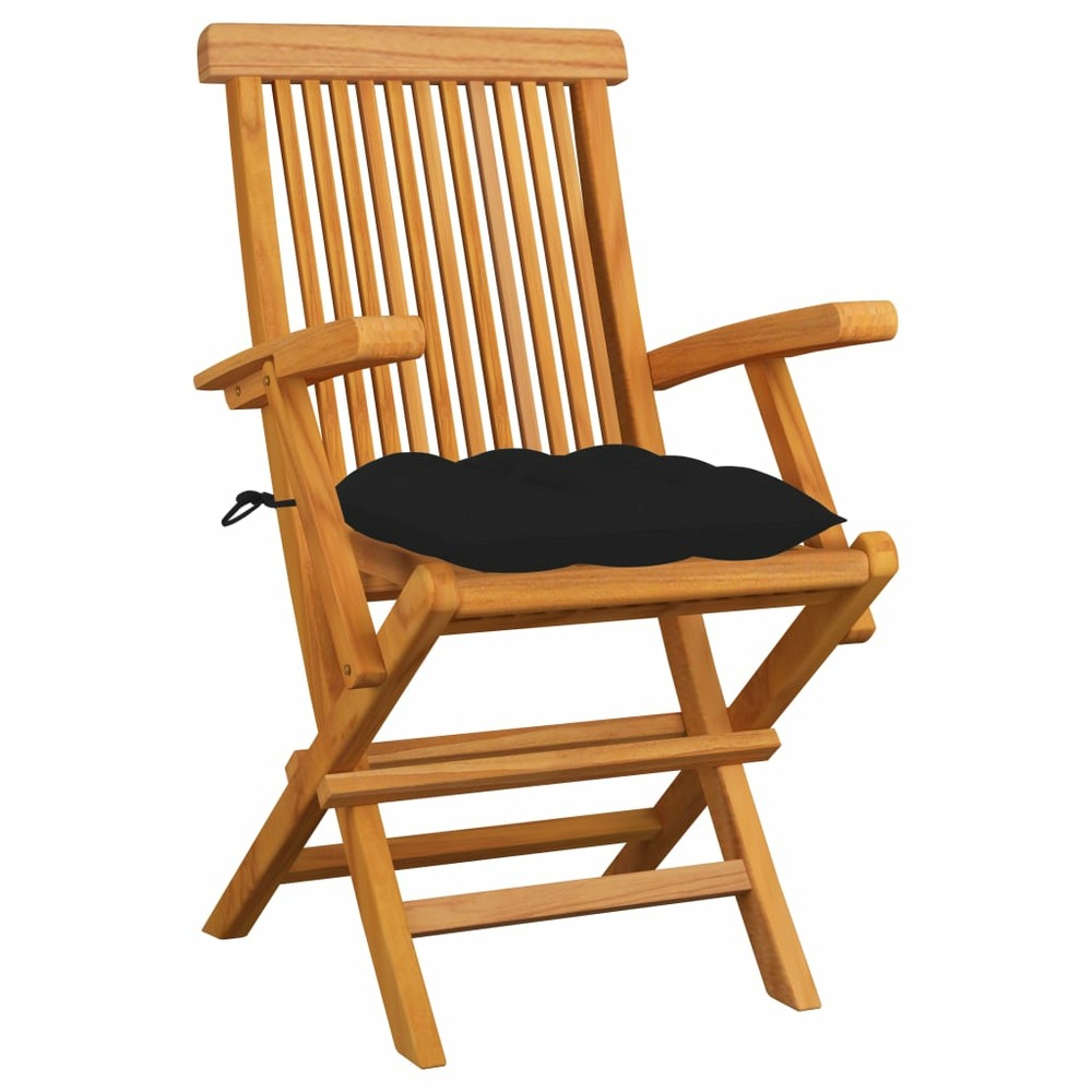 Chaises de jardin avec coussins noir lot de 3 bois teck massif