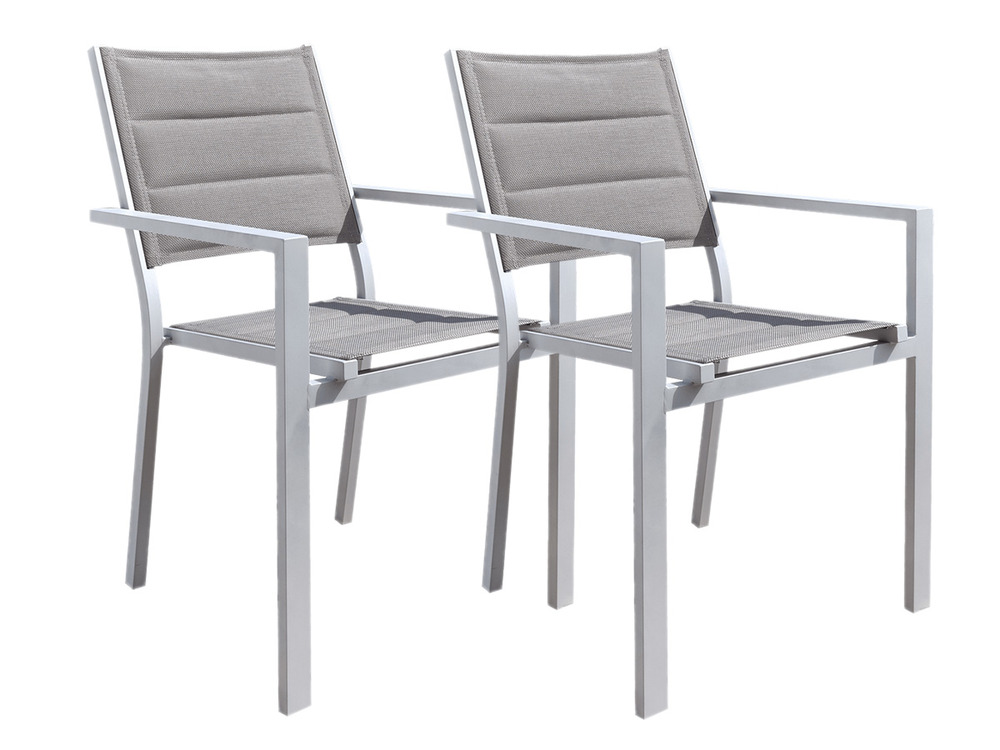 Lot de 2 fauteuils de jardin en aluminium et textilène matelassé gris, empilable