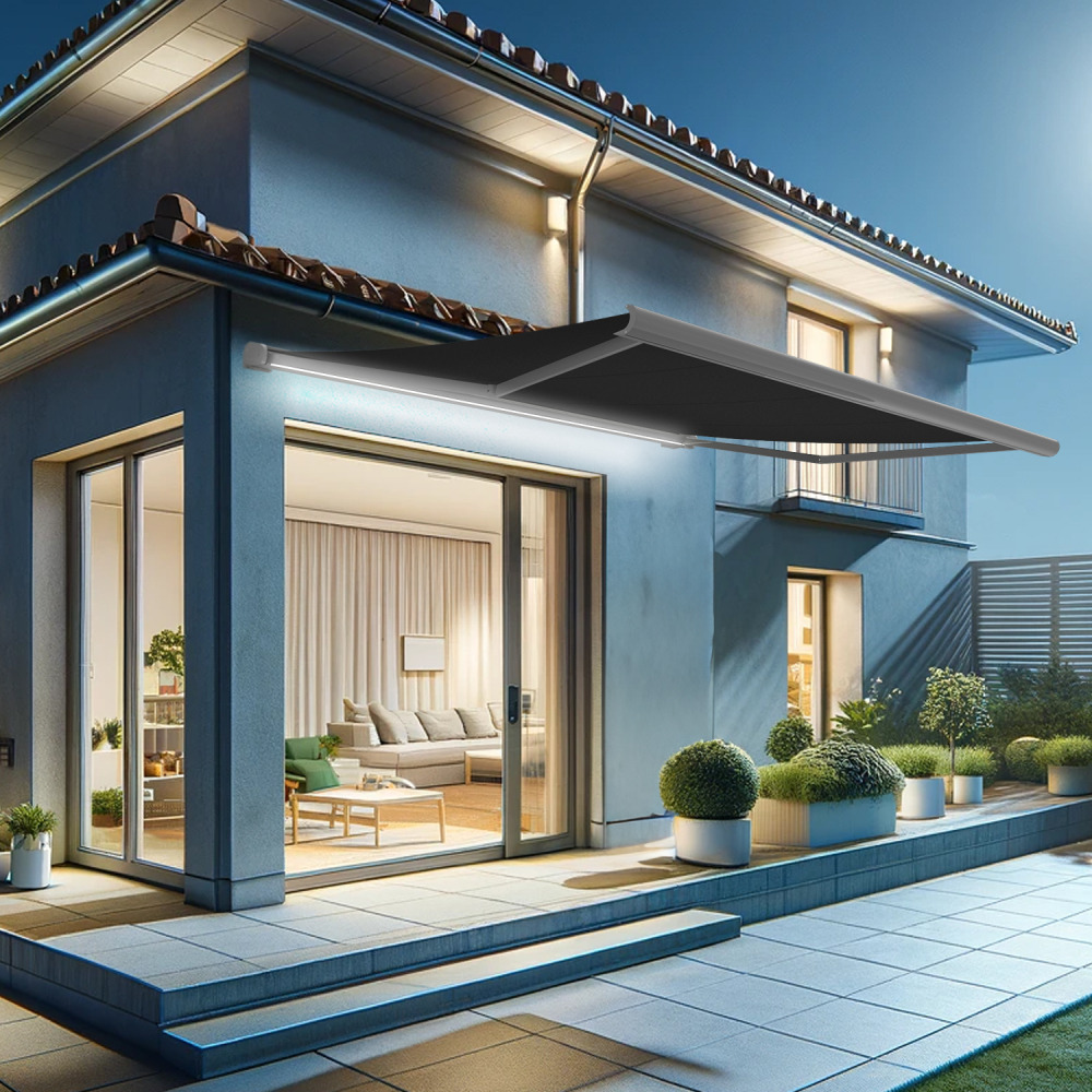 Store banne coffre intégral hevoa 4,00x3,00 m (motorisé secours à télécommande + led - blanc satiné ral9010 - gris graphite)