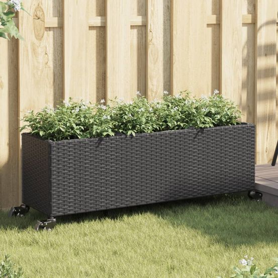 Jardinière mobile résine tressée 3 bacs avec roulettes pour terrasse 107x32x38 cm noir