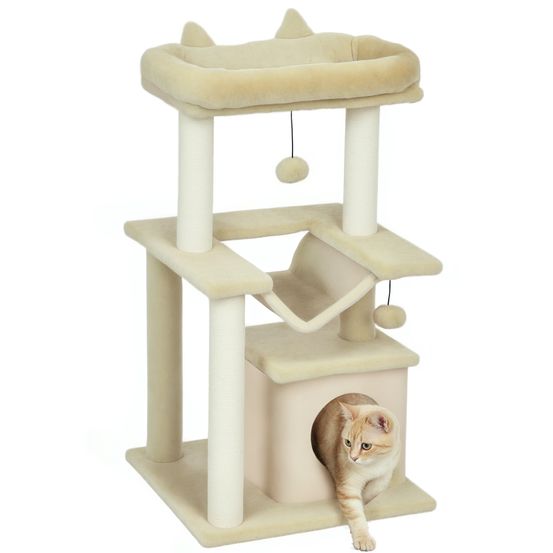 Arbre à chat bois peluche pour chatons centre activités hamac niche 90cm crème
