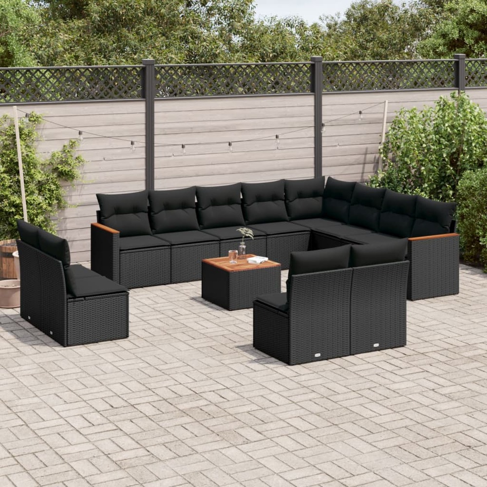 Salon de jardin avec coussins 13 pcs noir résine tressée