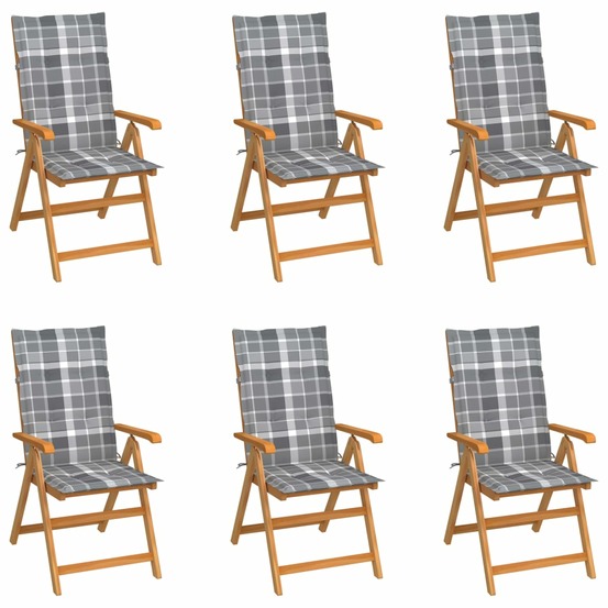Chaises de jardin lot de 6 et coussins carreaux gris bois teck