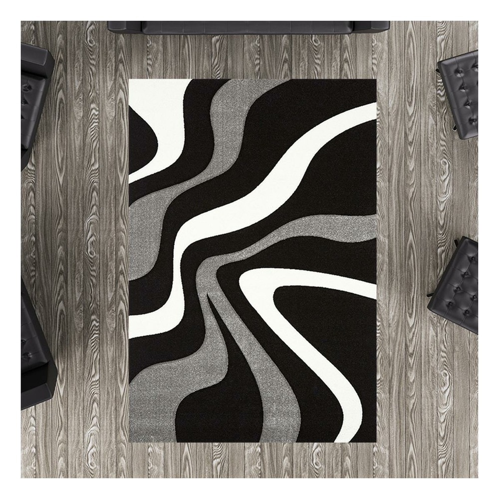 Tapis de couloir 80x300 tissé noir rectangle motif rond vague
