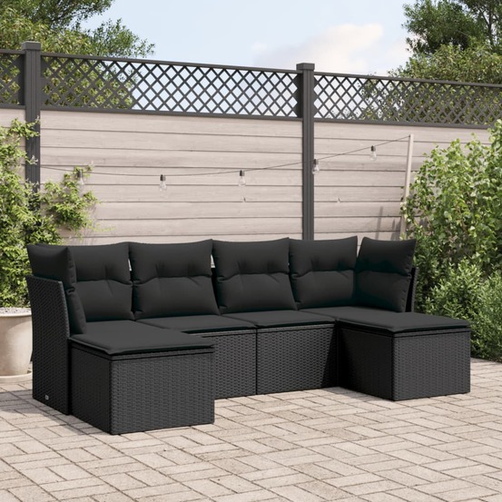 Salon de jardin 6 pcs avec coussins noir résine tressée