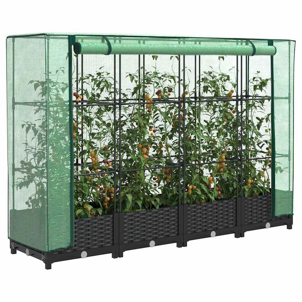 Carré potager surélevé avec serre aspect rotin pour balcon jardin noir 160x40cm