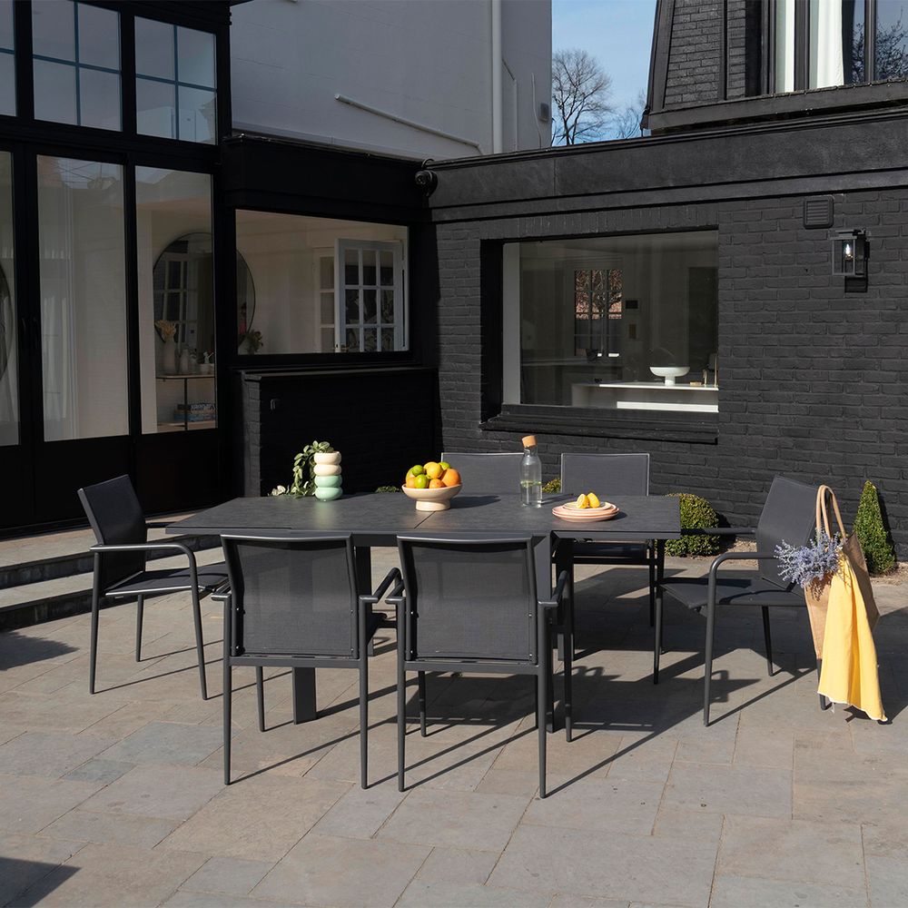 Ensemble de jardin aluminium gris 4/8p modulo avec 6 fauteuils