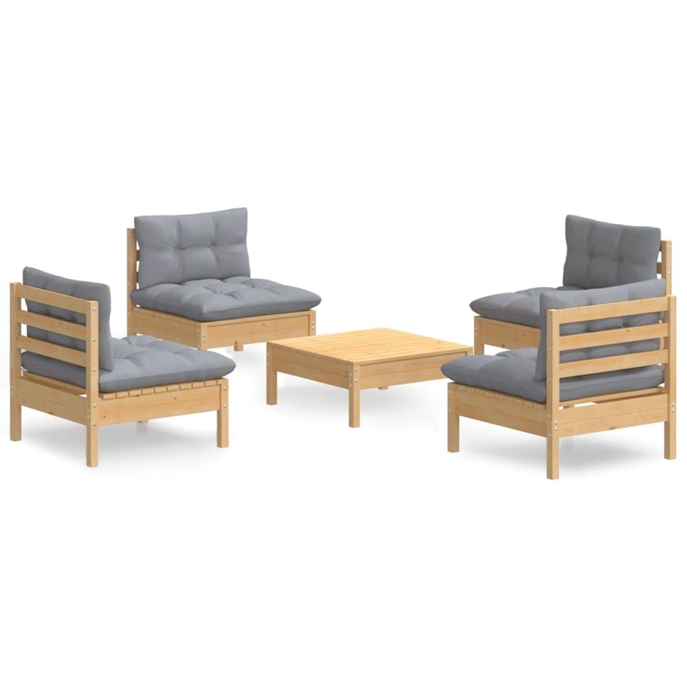 Salon de jardin 5 pcs avec coussins gris bois de pin