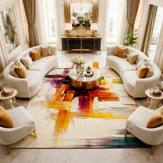 Tapis salon 140x200 tissé crème rectangle motif abstrait lyn8 belo 3