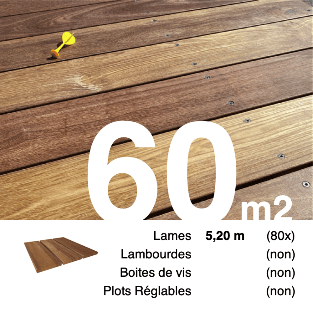 Planches de terrasse bois exotique cumaru pour 60 m², longueur 5,2 m.