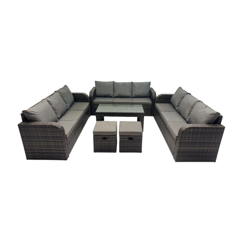 Salon de jardin 11 places meubles de jardin avec table basse 2 petits tabourets 2 tables d'appoint gris foncé mixte