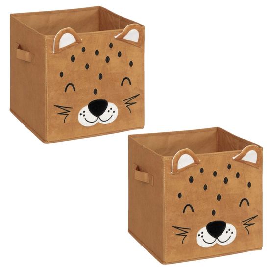 Lot de 2 boîtes de rangement enfant tigre en velours joey - l.29 x l.29 x h.29 cm - marron