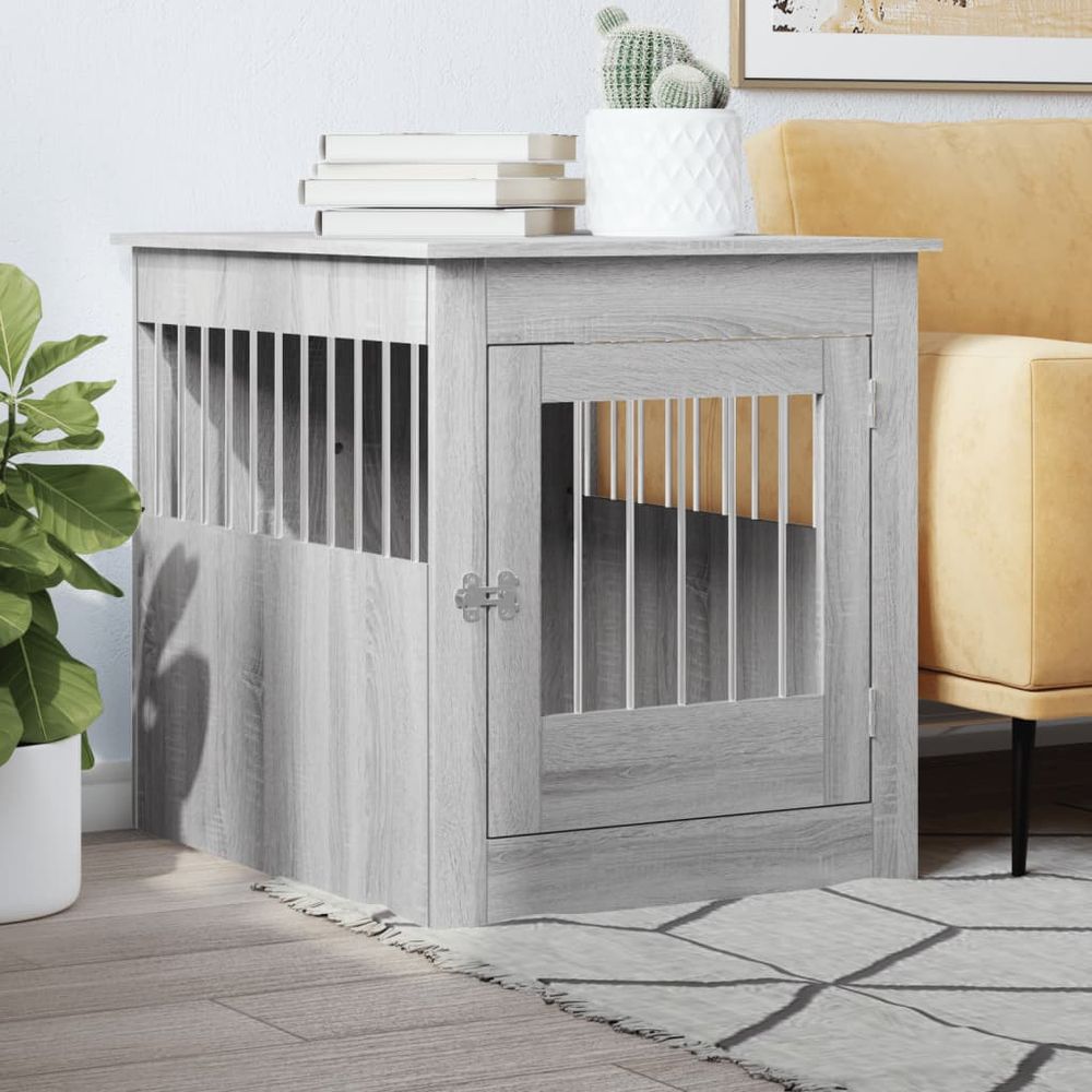 Meuble cage chien bois et acier table d'appoint sonoma gris 80cm
