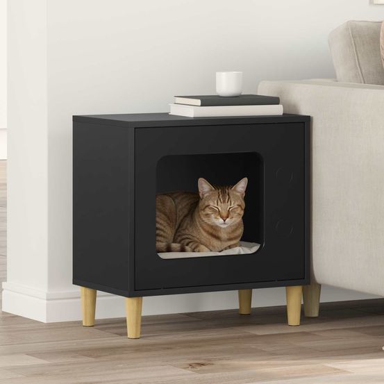 Niche chat haute bois design repos noir 52cm pour chat sobre élégant