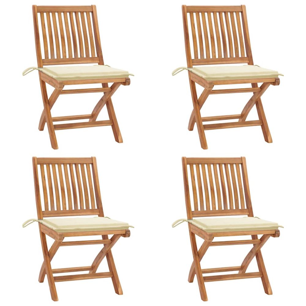 Chaises pliantes avec coussins, 4 pièces, en teck massif