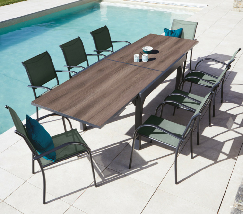 Ensemble table et chaises de jardin - 8 places - vert sauge - honfleur xl spc beziers chêne brun