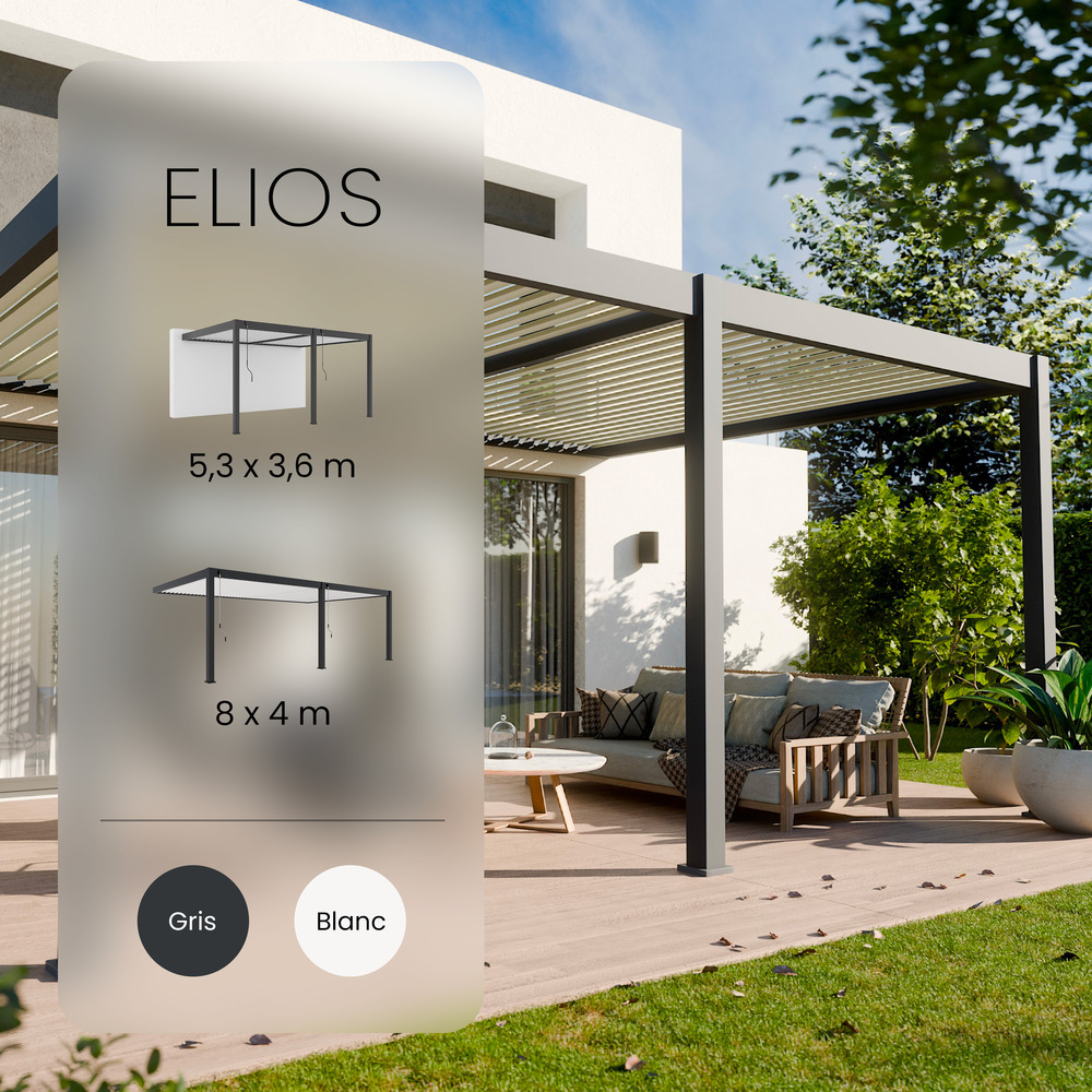 Pergola boclimatique aluminium adossee 32m² - 4x8 - blanc - lames orientables de 0 à 120 degrés - halo 32