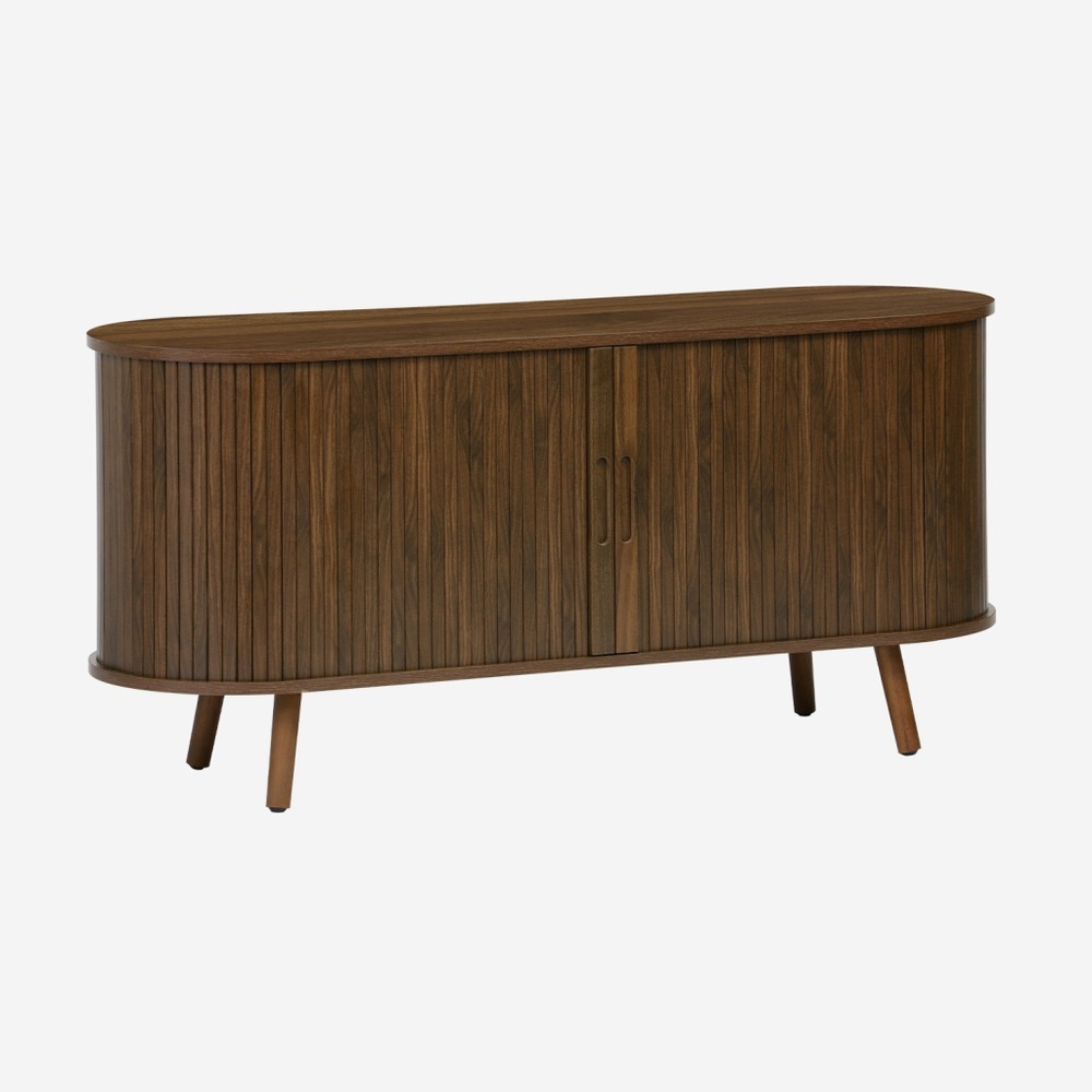 Meuble tv scandinave 2 portes coulissantes, 4 compartiments, décor bois rainuré, 120cm