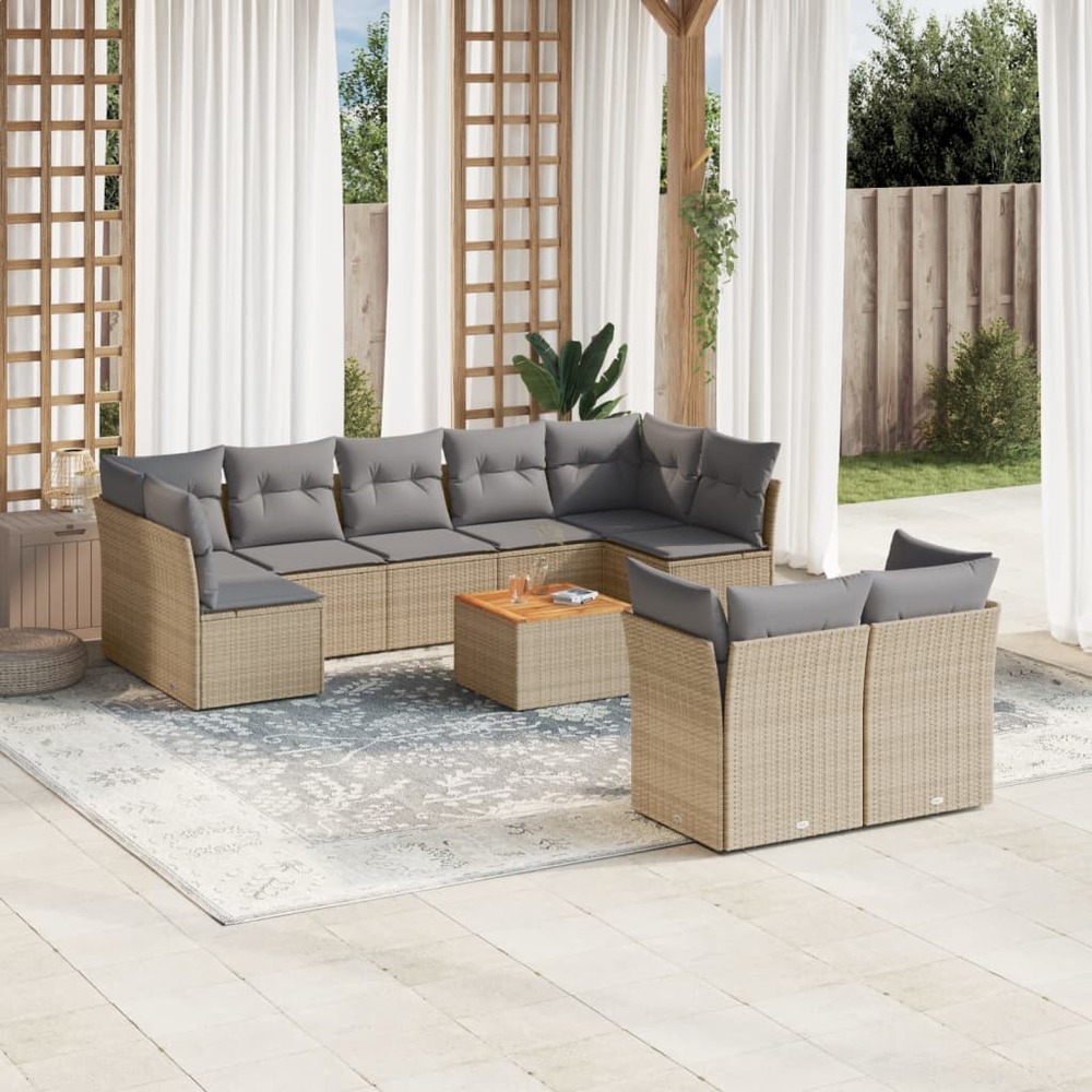 Salon de jardin avec coussins 10 pcs beige résine tressée