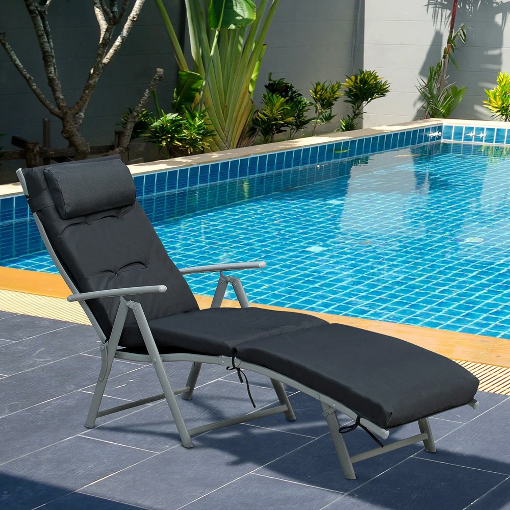 Bain de soleil pliable transat inclinable 7 positions chaise longue grand confort avec matelas + accoudoirs,noir