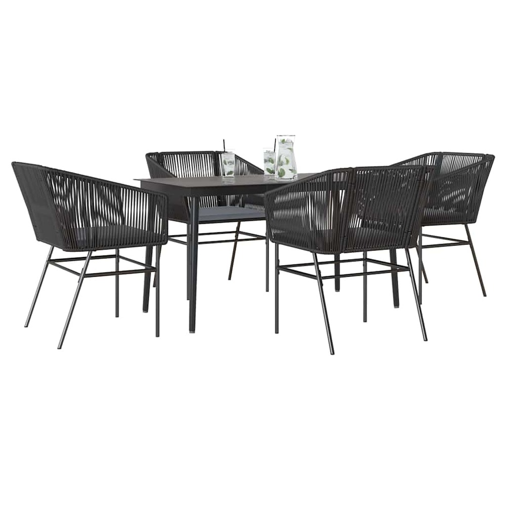 Ensemble à manger de jardin et coussins 5 pcs noir rotin verre