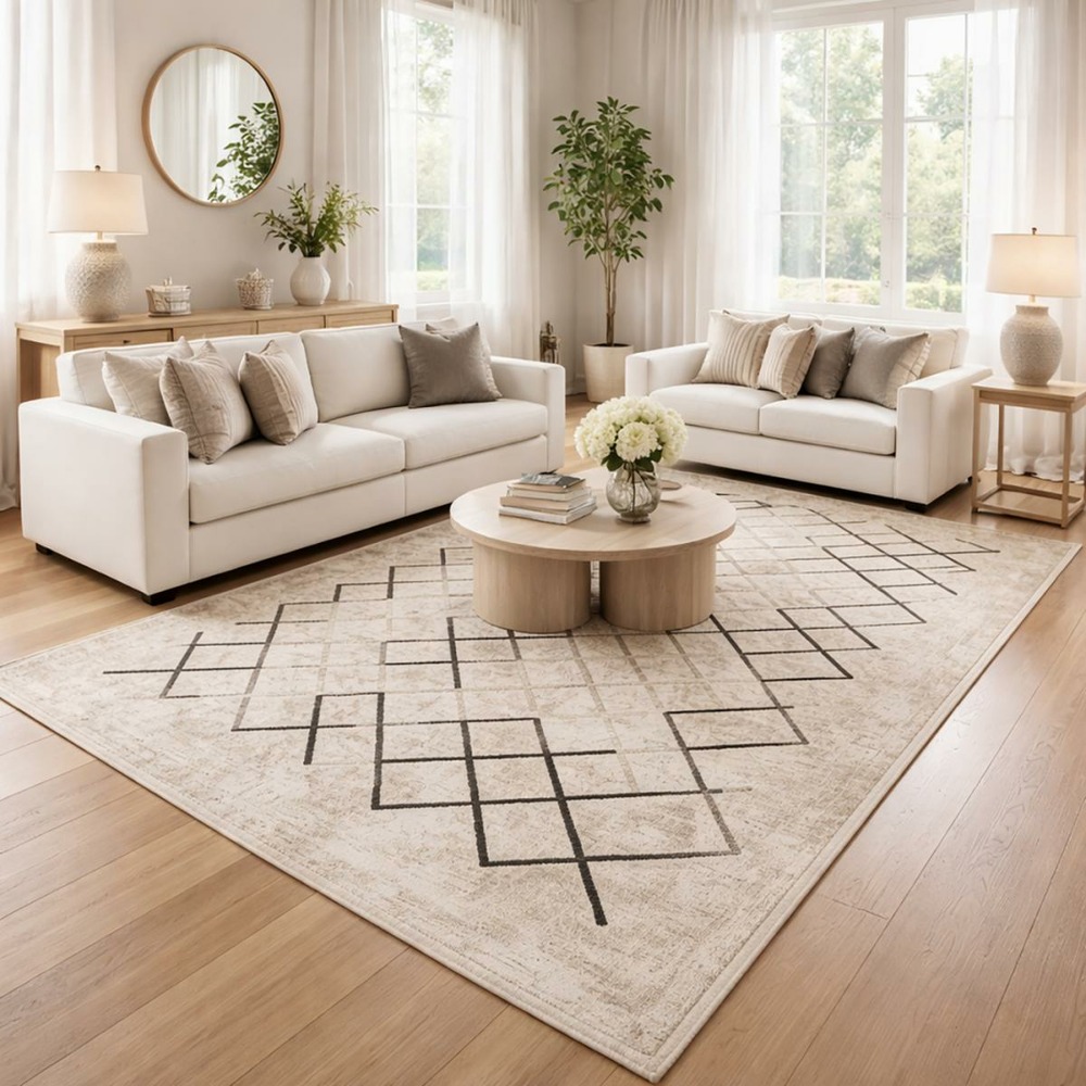 Tapis chambre 150x230 tissé crème rectangle motif scandinave jointa