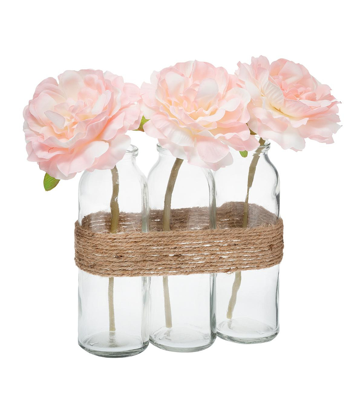 Composition artificielle de 3 roses dans 3 vases en verre liés par une corde