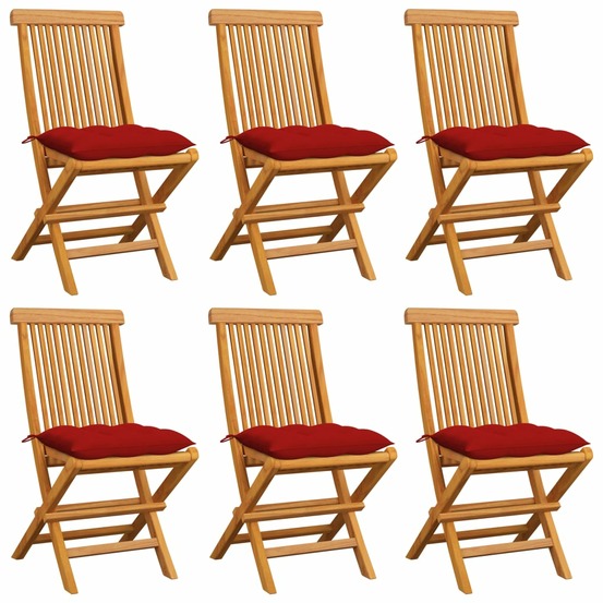 Chaises de jardin et coussins rouge lot de 6 bois teck massif