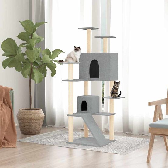 Grand arbre à chat 153 cm avec 2 niches et plateformes en peluche gris clair