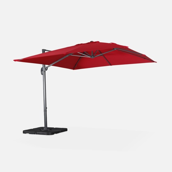 Parasol déporté carré 3x3m haut de gamme excentré inclinable rotatif à 360° + lot de 4 dalles à lester 50x50cm