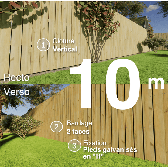 Kit clôture bois moderne 10m – h 2,3m – 21 x 145 mm autoclave vert – pose vertical – double face – support galva