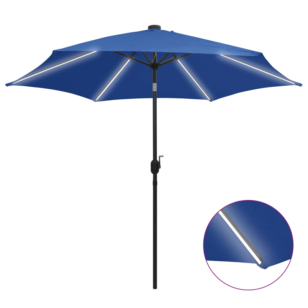 Parasol avec led et mât en aluminium 300 cm bleu azuré