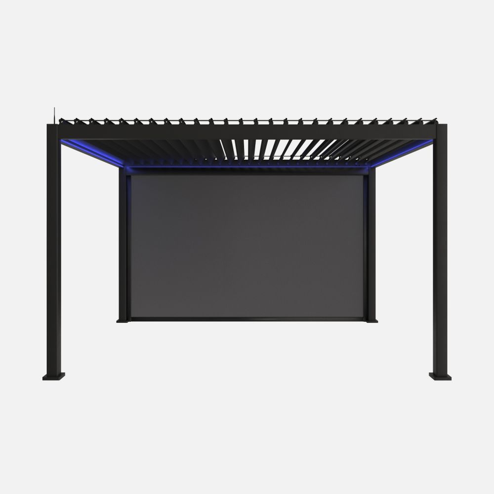 Pergola bioclimatique motorisée aluminium 4x3m led + 1 store 4m triomphe