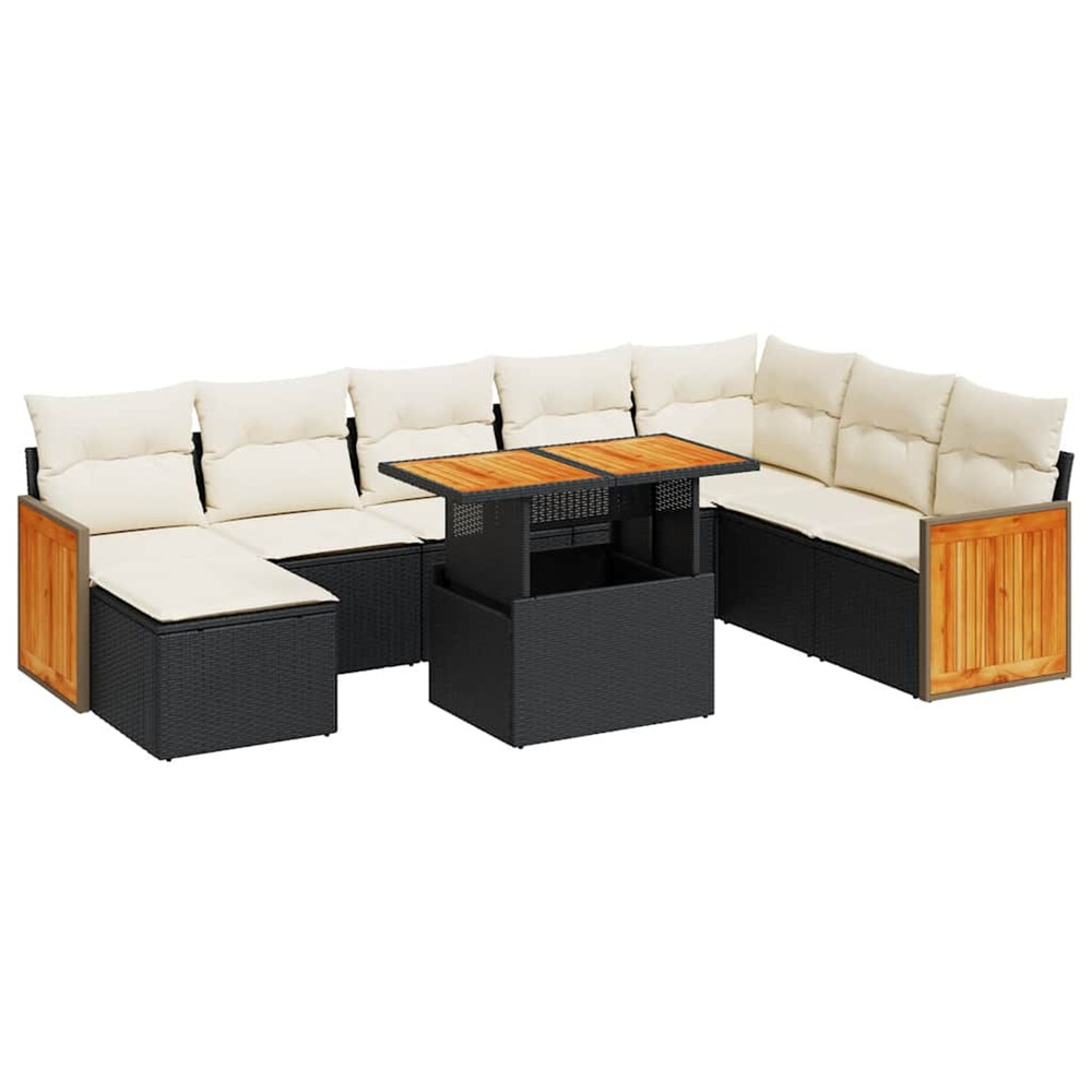 Salon de jardin avec coussins 9 pcs noir résine tressée acacia