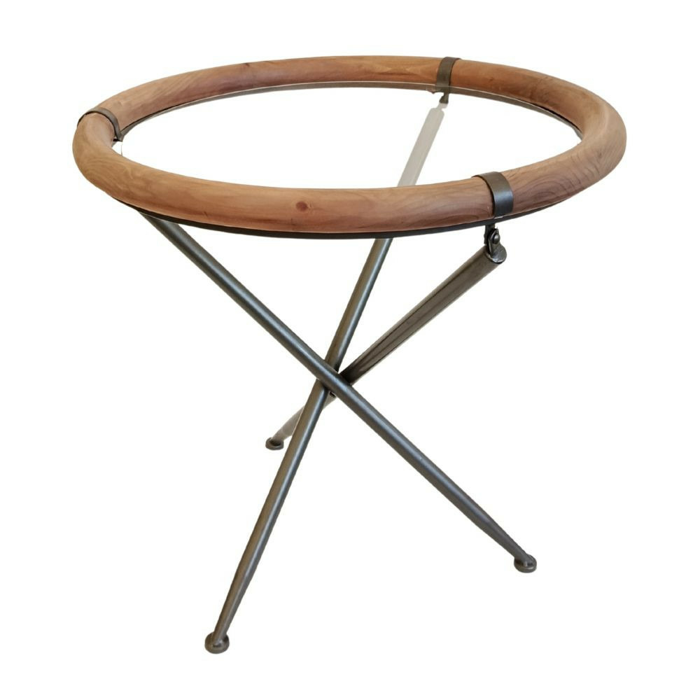 Table ronde en bois arrondi + métal + verre ø.65 x ht.65 cm