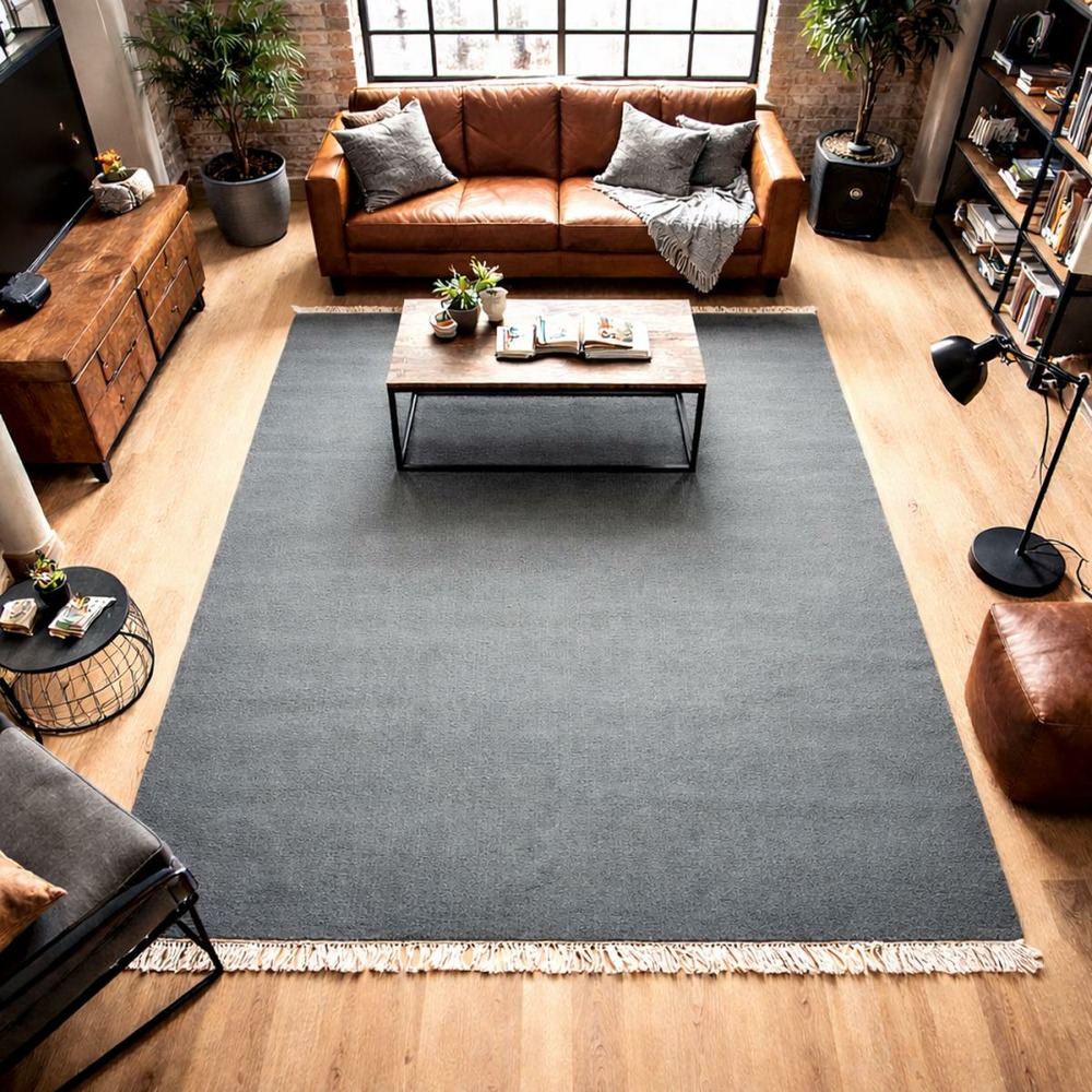 Tapis kilim 170x240 rectangle fait main en laine gris souris motif uni