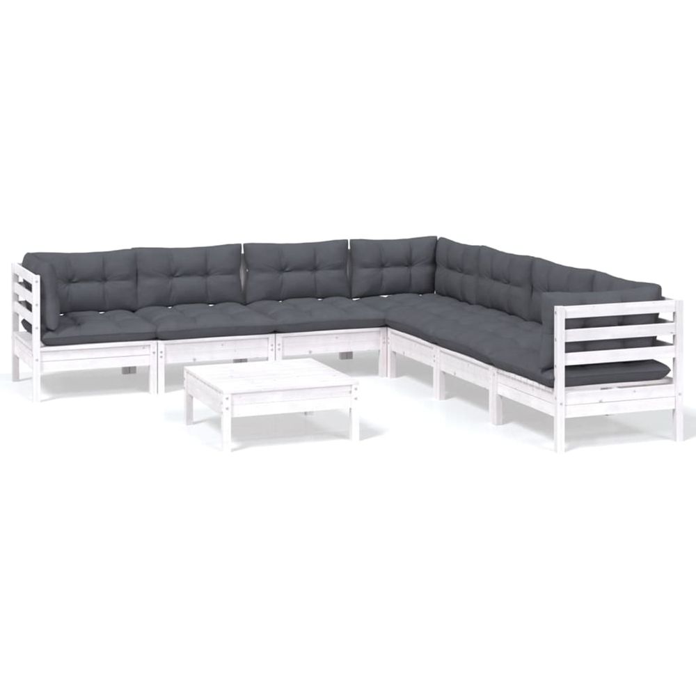 Salon de jardin 8 pcs avec coussins blanc bois de pin massif