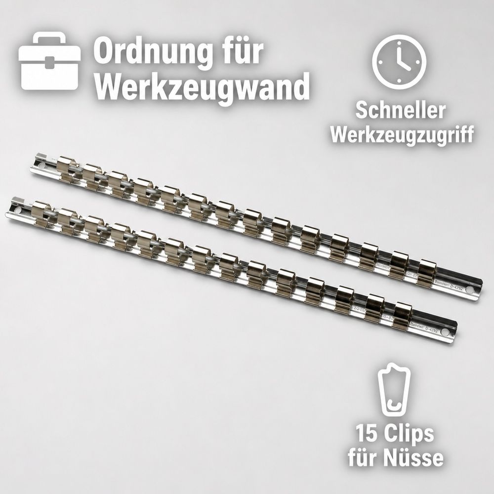 Rail douilles 1/4, 15 clips, support mural outils