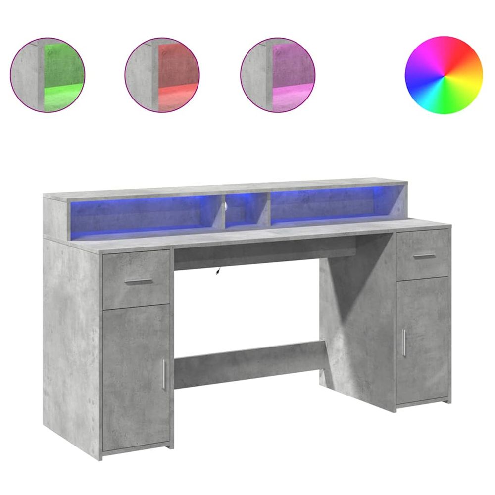 Bureau et lumières led gris béton 160x55x91cm bois d'ingénierie