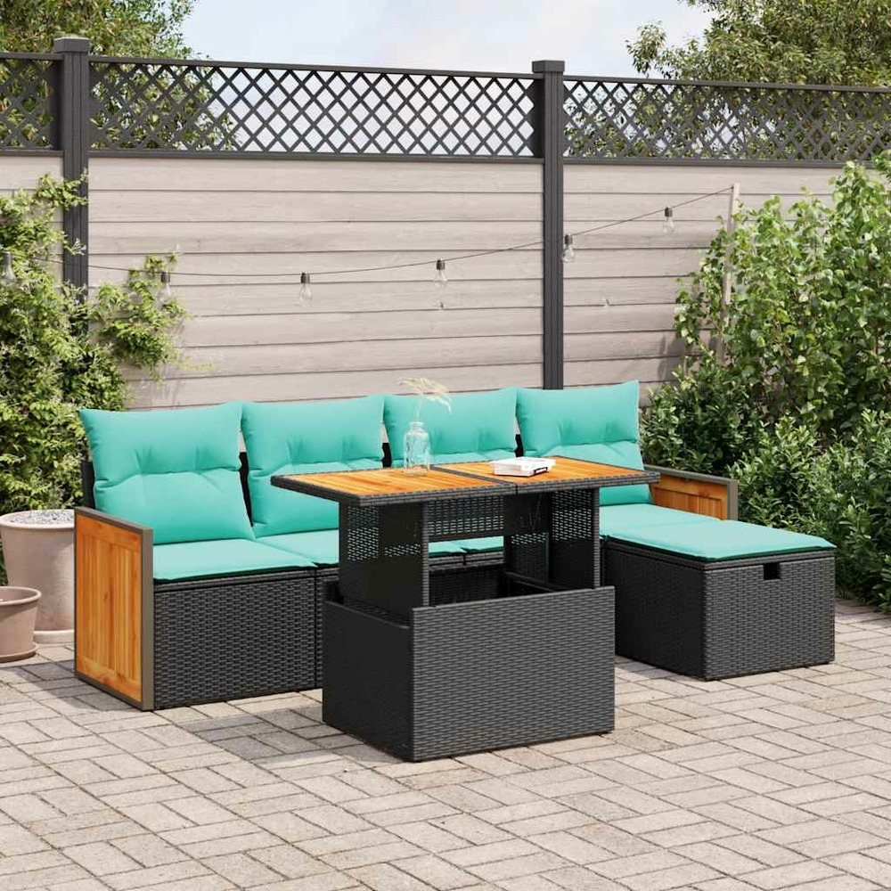 Salon de jardin 6 pcs avec coussins noir résine tressée acacia