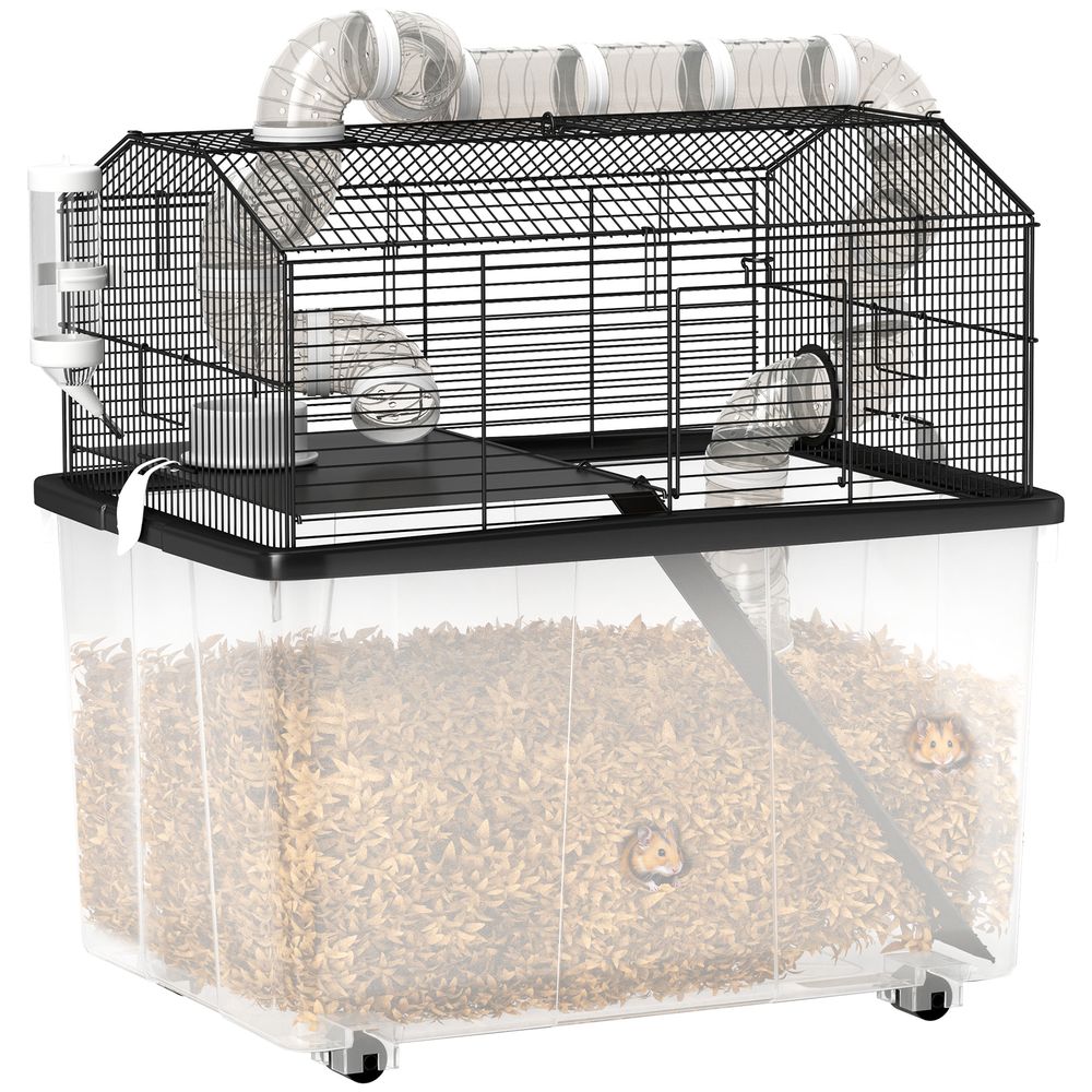 Cage acier plastique hamsters nains 2 niveaux sur roulettes 58x43x57cm noir