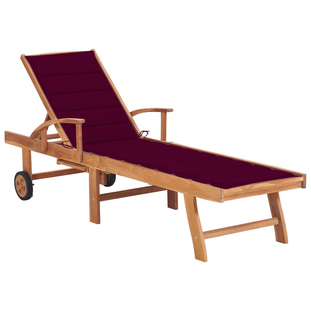 Transat chaise longue bain de soleil lit de jardin terrasse meuble d'extérieur avec coussin rouge bordeaux bois de teck solid