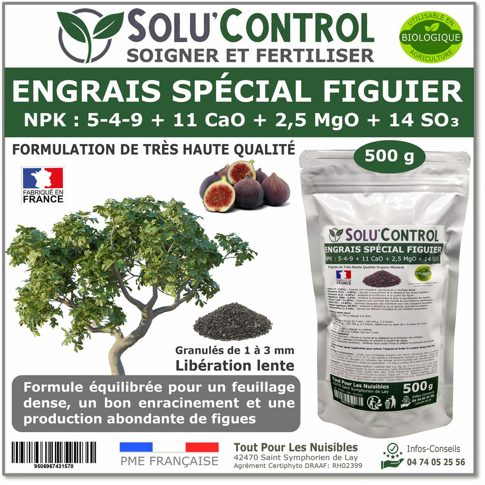 Engrais spécial figuier 500 g - solucontrol - npk 5-4-9 - croissance et fructification - riche en calcium et magnésium