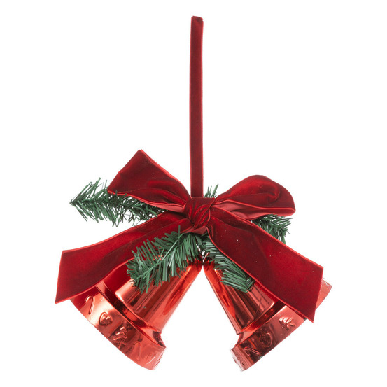Suspension de noël 2 cloches rouge brillant avec déco et noeud velours h 20 cm