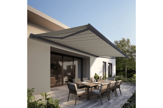 Store banne coffre intégral protect 2 smart gris anthracite 4,05x3,5m motorisé à télécommande + capteur vent - toile grise rayée