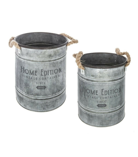 Lot de 2 pots de fleurs seau en métal gris vintage