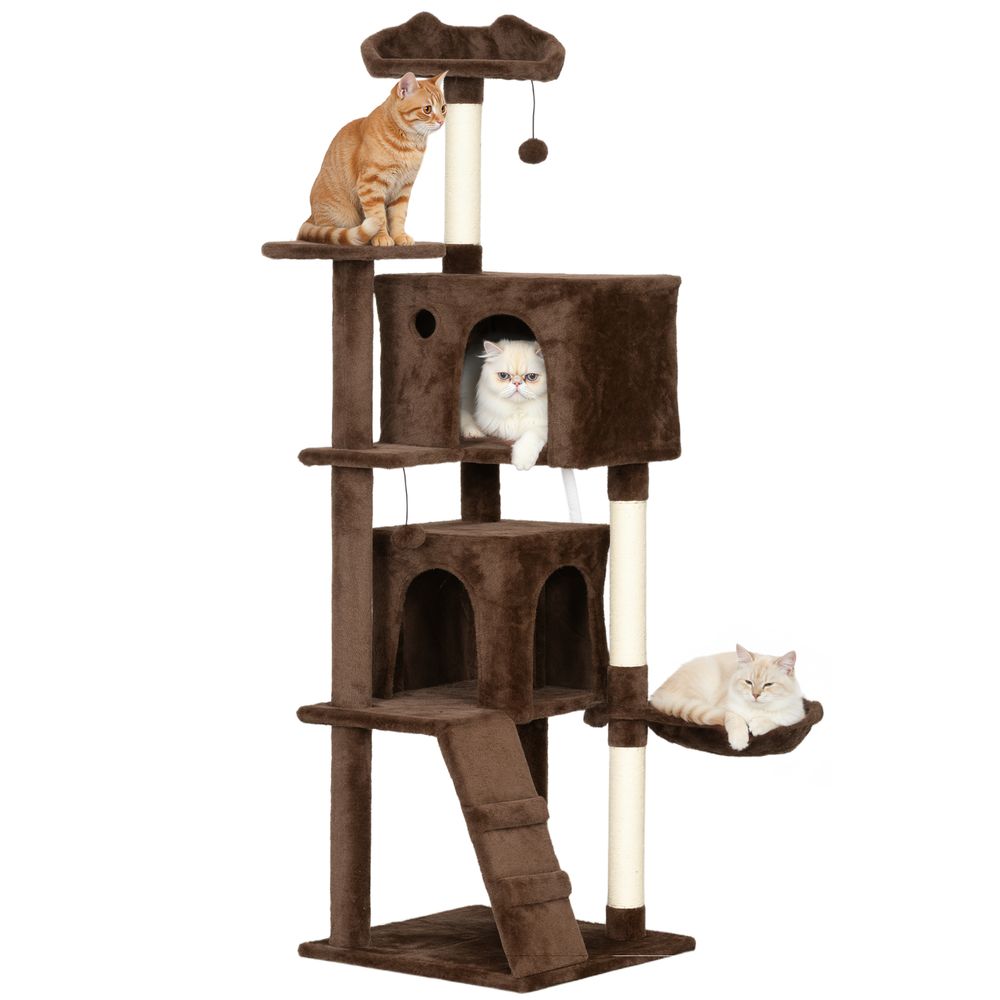 Arbre à chat grande hauteur en peluche avec niches hamac et griffoirs 160 cm marron
