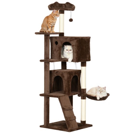 Arbre à chat grande hauteur en peluche avec niches hamac et griffoirs 160 cm marron